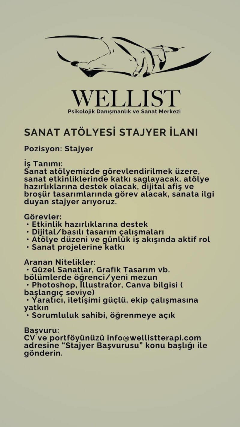Wellist Sanat Atölyesi Departmanı-Stajyer Başvuru İlanı